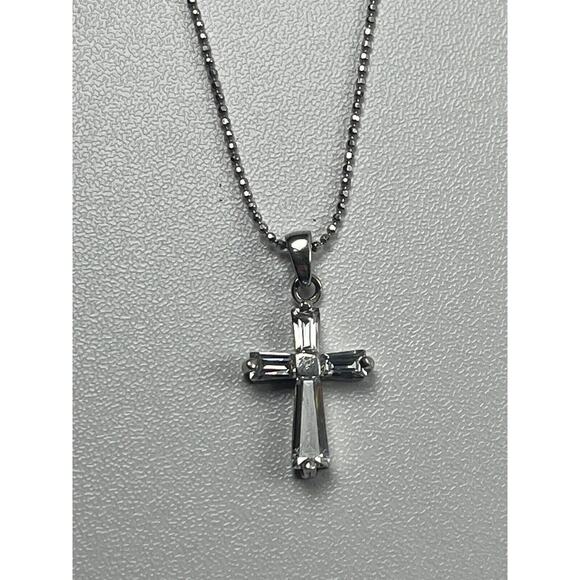 Sterling Silver Necklace 15.25" Ball Chain Clear Quartz Cross Pendant - Picture 4 of 12